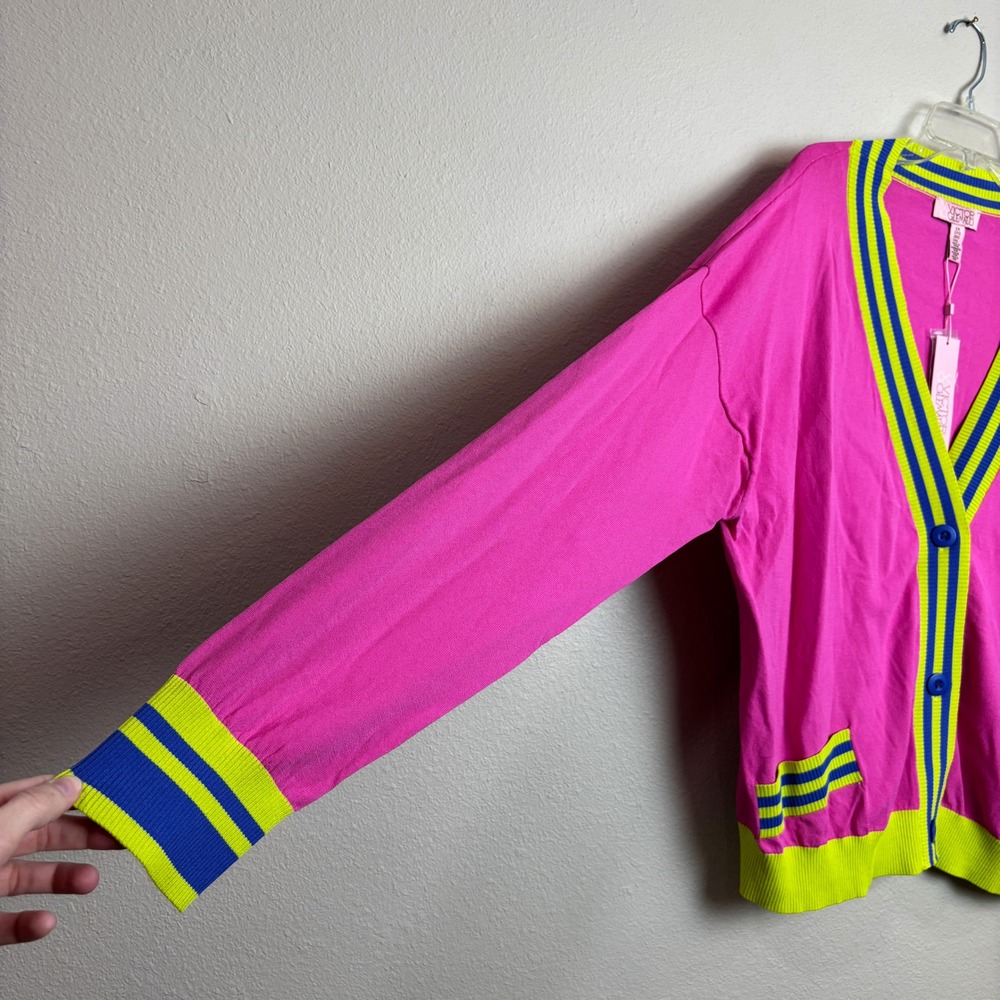 VICTOR GLEMAUD Pink Neon Blue Stripe Colorblock Cardigan Sweater Women's 2X - Picture 3 of 16